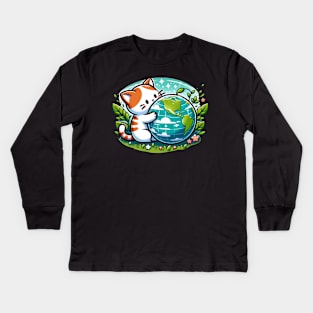 Embracing The Planet Sleeping Kitten Earth Day Globe Cat Kids Long Sleeve T-Shirt